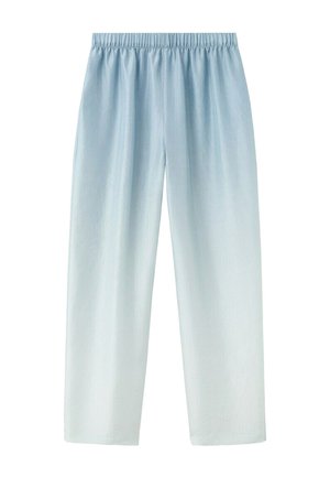 Svetlomodré elastické nohavice s priamym strihom nohavíc bez viditeľných vreciek alebo ozdôb.