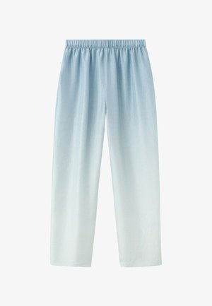 Svetlomodré elastické nohavice s priamym strihom nohavíc bez viditeľných vreciek alebo ozdôb.