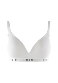 Reggiseno wireless bianco con spalline regolabili e scritta "DIM" nera sull'elastico in basso.