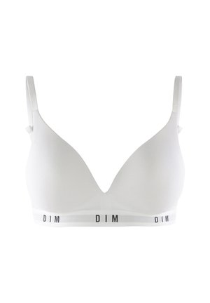 Reggiseno wireless bianco con spalline regolabili e scritta "DIM" nera sull'elastico in basso.