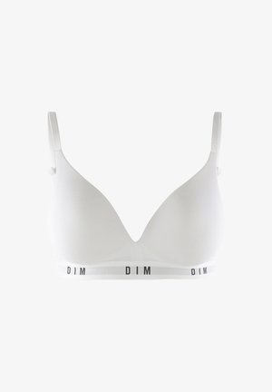 Reggiseno wireless bianco con spalline regolabili e scritta "DIM" nera sull'elastico in basso.