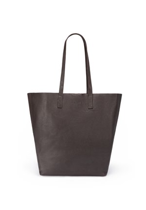 Dunkelbraune Ledertasche mit zwei Schulterriemen und einem dezent geprägten Logo oben mittig auf der Vorderseite.