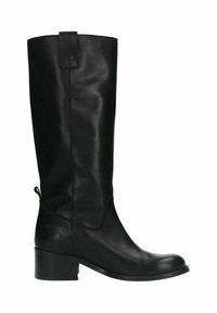 Bottes en cuir noir jusqu'aux genoux avec une texture lisse, un design minimaliste, un bout rond et un petit talon carré. Dotées d'une languette à l'arrière.
