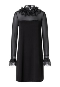 Robe noire avec de longues manches transparentes, un col froncé et des poignets à motif vichy. Tissu lisse avec des accents en dentelle texturée.