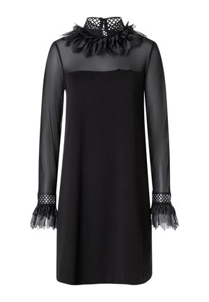 Schwarzes Kleid mit langen, durchsichtigen Ärmeln, Rüschenausschnitt und karierten Manschetten. Glatte Stoffoberfläche mit strukturierten Spitzelementen.