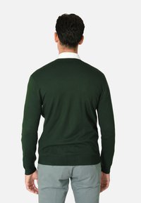Pullover verde scuro con maniche lunghe, scollatura rotonda e orlo a coste, visto da dietro, abbinato a pantaloni grigio chiaro.