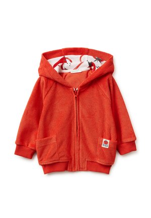 Orangefarbene Kapuzenjacke mit Reißverschluss für Kinder, mit vorderen Taschen, Rippbündchen und einer Kapuzenfutter mit Chilischotenmuster.