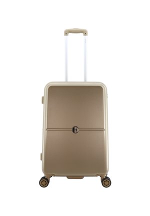 Hartschalentrolley in metallischem Gold mit glatter Oberfläche, ausgestattet mit einem ausziehbaren weißen Griff, Rollen und einem runden Schloss.