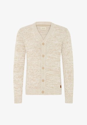 Beige og hvit melert strikkegenser med lange ermer, V-hals og fem knapper foran, laget av teksturert stoff.