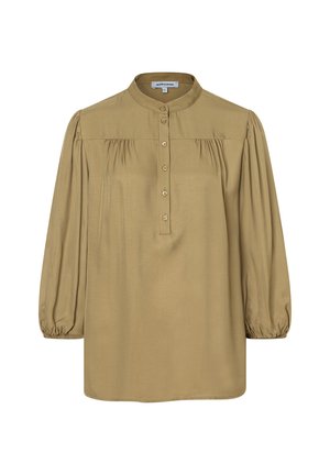 Blouse kaki à manches longues avec un col rond, une patte de boutonnage et des détails froncés sur les manches, confectionnée dans un tissu lisse.