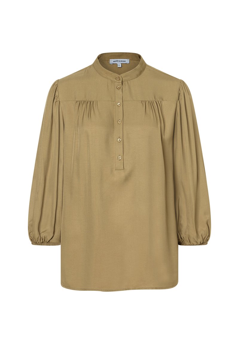 Khakifarbene Bluse mit langen Ärmeln, rundem Kragen, durchgehender Knopfleiste und gerafften Details an den Ärmeln, gefertigt aus glattem Stoff.