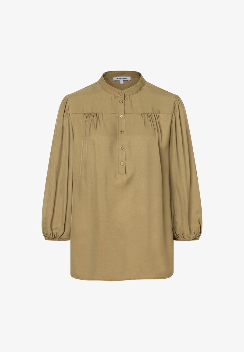 Khakifarbene Bluse mit langen Ärmeln, rundem Kragen, durchgehender Knopfleiste und gerafften Details an den Ärmeln, gefertigt aus glattem Stoff.