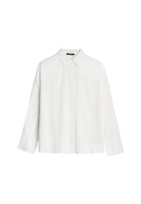 White long-sleeve shirt made of smooth fabric, featuring a classic collar and front button closure, with a straight hem and relaxed fit.