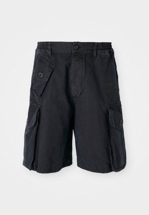 Dunkelblaue Cargo-Shorts aus strapazierfähigem Material mit mehreren Seitentaschen, einem elastischen Bund und einem Knopfverschluss.