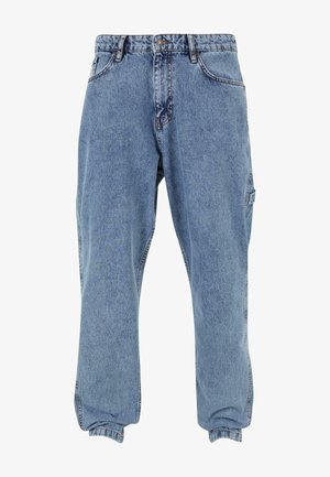 Hellblaue Denim-Hosen mit lockerer Passform, ausgestattet mit einem Knopfverschluss, sichtbaren Nähten, Seitentaschen und elastischen Bündchen.