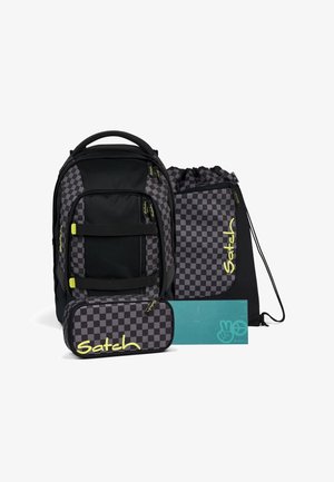 Black and gray checkered backpack with yellow accents, matching drawstring bag, and a pencil case, featuring zippers and sturdy straps.