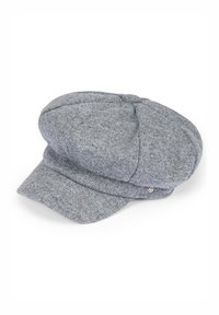 Grauene Wollmütze mit rundem Oberteil, flachem Schirm und dekorativem silbernen Knopf auf der Seite. Strukturiertes Gewebe mit genähten Details.