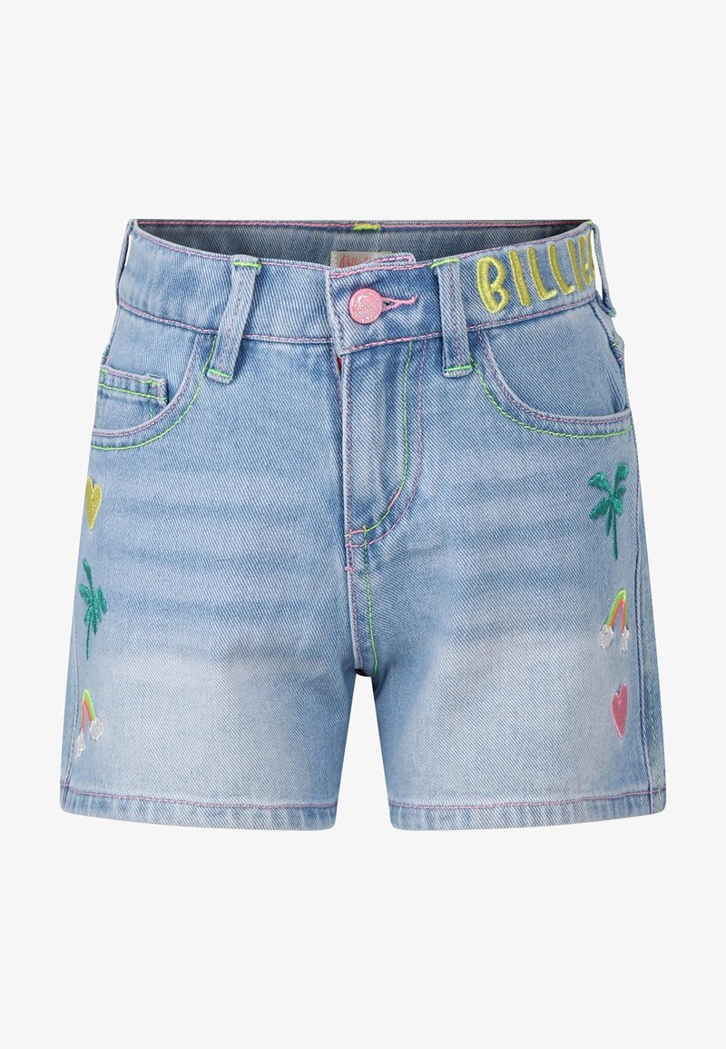 Bermuda in denim azzurro con ricami colorati di cuori, alberi di palma e arcobaleni. Presenta cuciture a contrasto e una chiusura a bottone rosa.