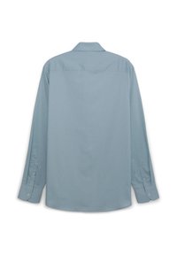 Hellblaues Langarmhemd aus glattem Stoff. Verfügt über einen klassischen Kragen und knöpfbare Manschetten, hat einen geraden Schnitt und minimale Details.