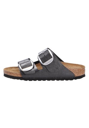 Black leather slide sandal with two adjustable silver buckles, a cork footbed, and a textured rubber sole.