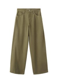 Pantalones de pierna ancha color verde oliva de algodón con una textura suave, con cierre de botón y dos bolsillos delanteros.