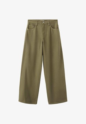 Pantalon large couleur olive en coton à texture lisse, doté d'une fermeture à boutons et de deux poches avant.