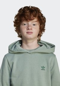 Sweatshirt verde menta em tecido suave com um capuz grande, apresentando um pequeno logótipo verde da Adidas no lado esquerdo do peito. Textura lisa, design casual.