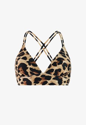 Bovenstuk van bikini met luipaardprint, diepe V-hals en gekruiste zwarte bandjes. Gemaakt van zachte stof met een gladde textuur.