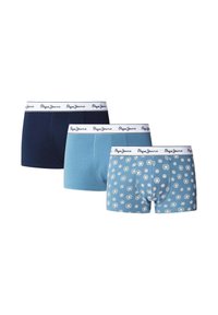 3er-Pack Boxershorts in Marineblau, Hellblau und Himmelblau; dehnbare Baumwollmaterialien; der Bund hat ein Logo; das letzte Paar hat ein gemustertes Design.