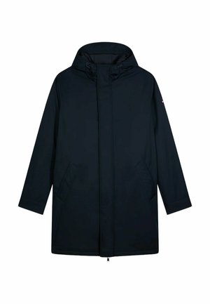 Manteau étanche bleu marine avec capuche, fermeture éclair à l'avant et deux poches latérales. Présente une coupe droite et un tissu légèrement texturé.
