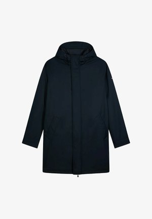 Manteau étanche bleu marine avec capuche, fermeture éclair à l'avant et deux poches latérales. Présente une coupe droite et un tissu légèrement texturé.