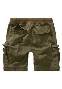 Șorturi cargo de culoare verde măsliniu cu un brâu elastic maro, buzunare laterale și un buzunar patrat la spate. Material din bumbac cu un finisaj texturat.