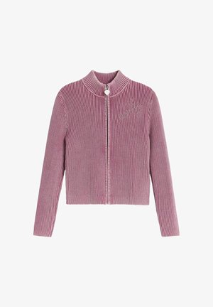 Pink ribbed knit zip-up sweater with long sleeves and a small embroidered design near the left shoulder.