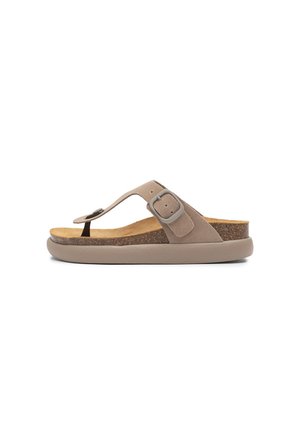 Beige suede thong sandal with adjustable buckle strap and contoured cork footbed on a thick beige sole.