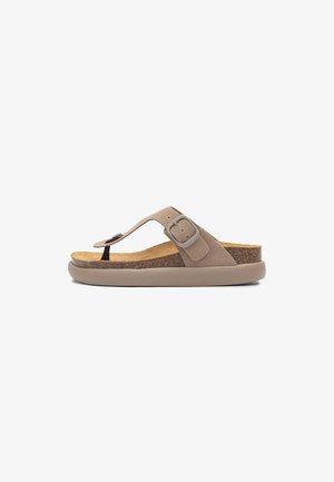 Beige suede thong sandal with adjustable buckle strap and contoured cork footbed on a thick beige sole.
