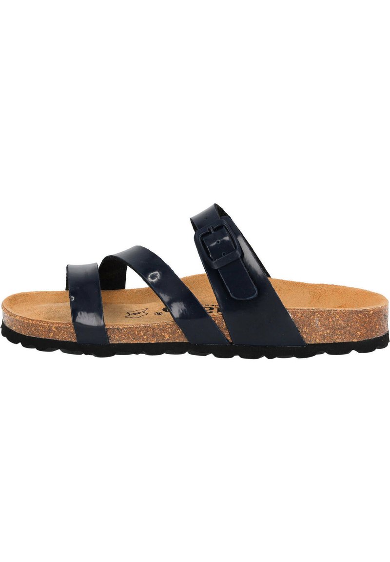 Granatowe lakierowane sandały z dwiema krzyżującymi się paskami i zapinanym paskiem na kostkę. Korkowa wkładka i czarna gumowa podeszwa zapewniają wygodę i przyczepność.