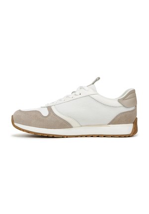 Lightweight sneaker featuring a white mesh upper, beige suede accents, and a rubber sole with textured grip. Laces run through reinforced eyelets.