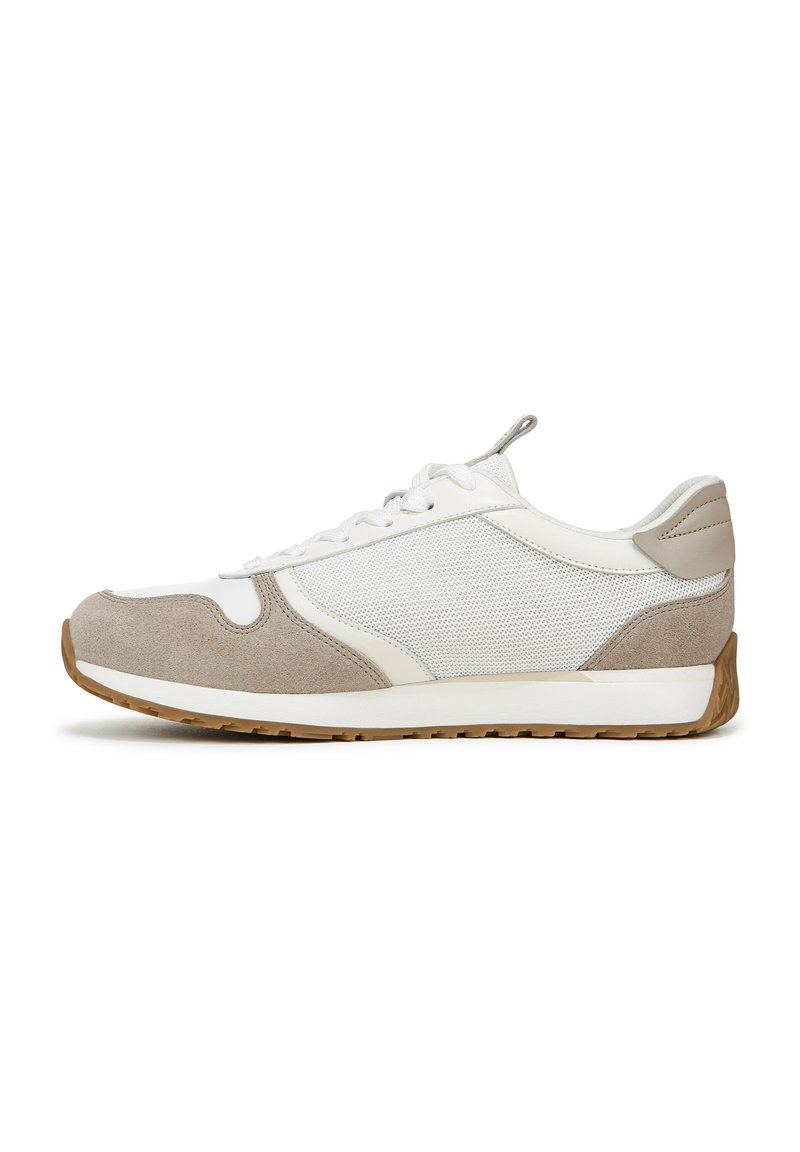 Lightweight sneaker featuring a white mesh upper, beige suede accents, and a rubber sole with textured grip. Laces run through reinforced eyelets.