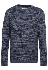 Pull en maille bleu marine avec col rond, doté d'un motif texturé de fils plus clairs, avec des poignets et un ourlet côtelés.