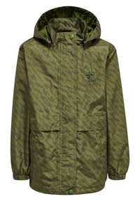 Grön vattentät jacka med kamouflage-mönster, med en huva, elastiska ärmar, två fickor fram och en logotyp på bröstet.