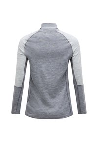 Top sportivo a maniche lunghe con colletto alto, in tessuto grigio melangiato, pannelli sulle spalle di un grigio chiaro a contrasto e cuciture flatlock.
