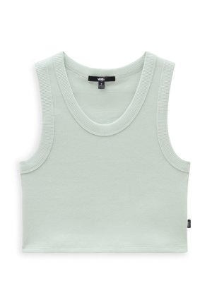 Miętowa ribbed crop top bez rękawów z szerokim dekoltem. Posiada metkę z tyłu i płaskie wykończenie.