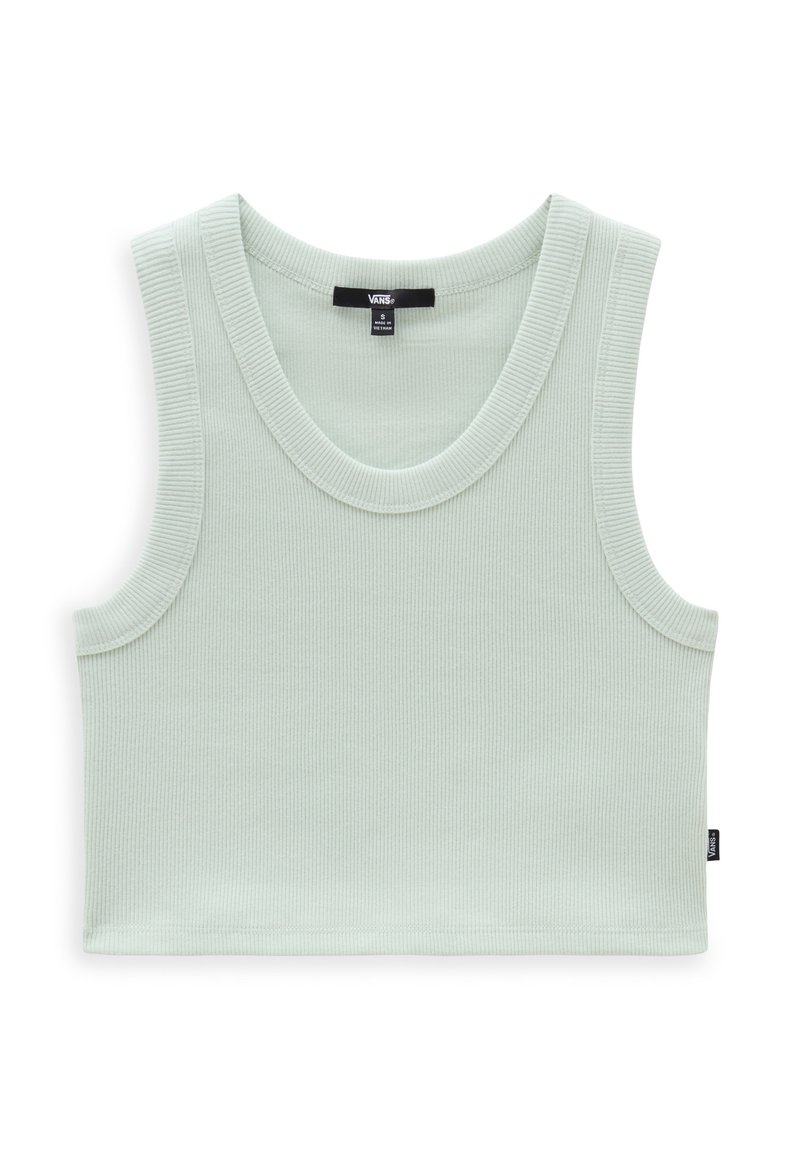 Mintgrön ribbad crop top utan ärmar med en bred halsringning. Har en etikett på baksidan och rak fåll.