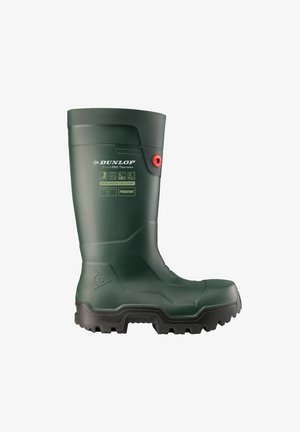 Dunlop FieldPRO Thermo+ boot in dark green, made of PU material, featuring a rugged black sole, protective hardware, and logo accents.