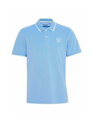  Lichtblauw polo shirt gemaakt van textuurstof, met een knoopsluiting, korte mouwen en witte accenten rond de kraag en mouwen.