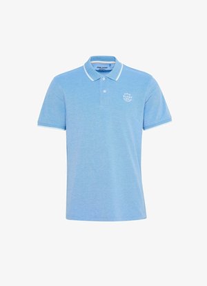 Light blue polo shirt made of textured fabric, featuring a button placket, short sleeves, and white accents around the collar and sleeves.