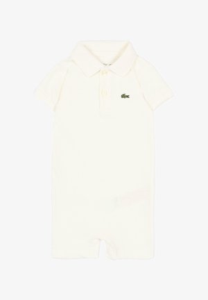 Tutina corta bianca per bebè con collo, due bottoni frontali e logo coccodrillo verde sul petto a sinistra.