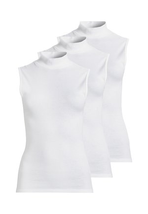 Tre magliette senza maniche di colore bianco, realizzate in cotone morbido. Presentano una silhouette aderente e un design senza cuciture sulle spalle, esposte in fila.