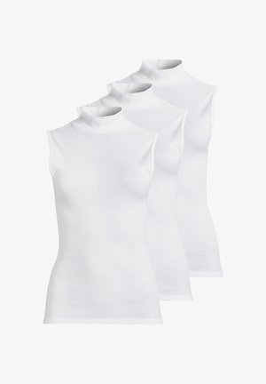 Tre magliette senza maniche di colore bianco, realizzate in cotone morbido. Presentano una silhouette aderente e un design senza cuciture sulle spalle, esposte in fila.
