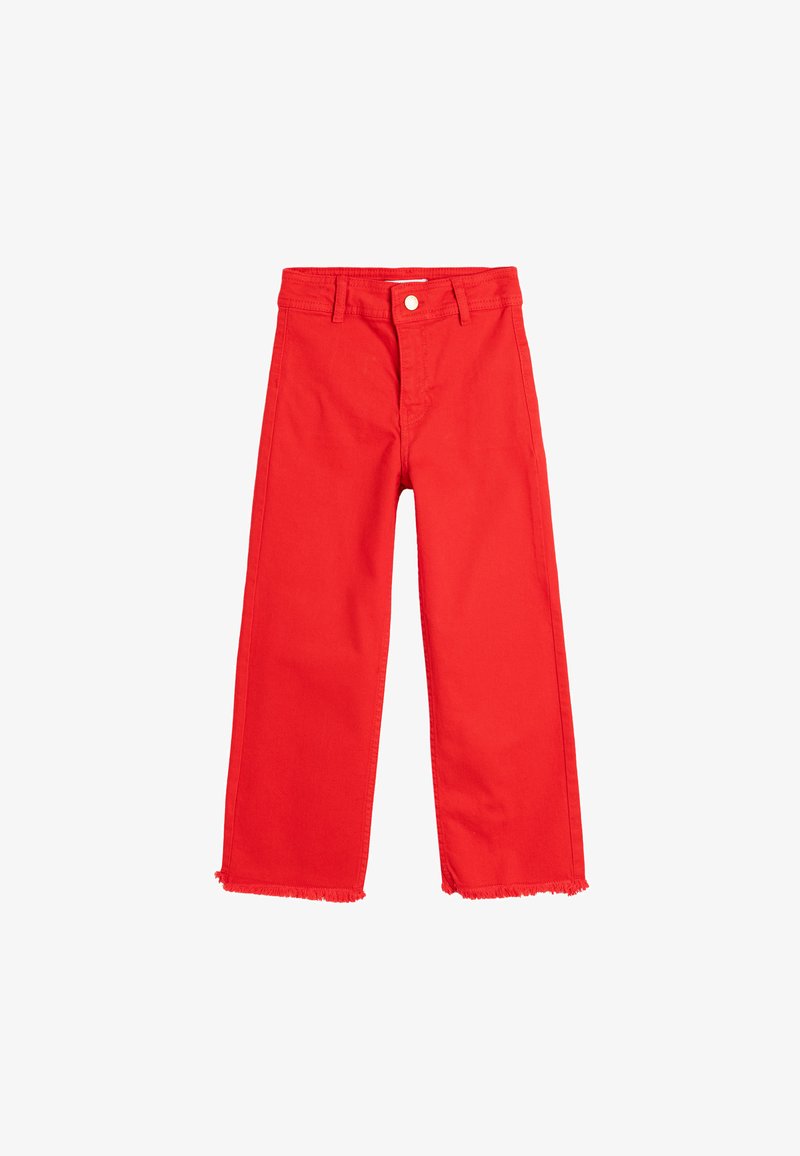 Pantaloni a gamba larga rossi in denim, caratterizzati da vita alta, orlo sfilacciato e chiusura frontale con bottone e tasche.